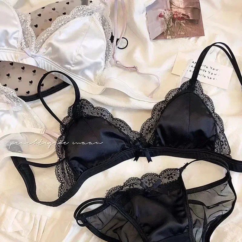 French satin girl ultra-thin sexy lace summer breathable bra set