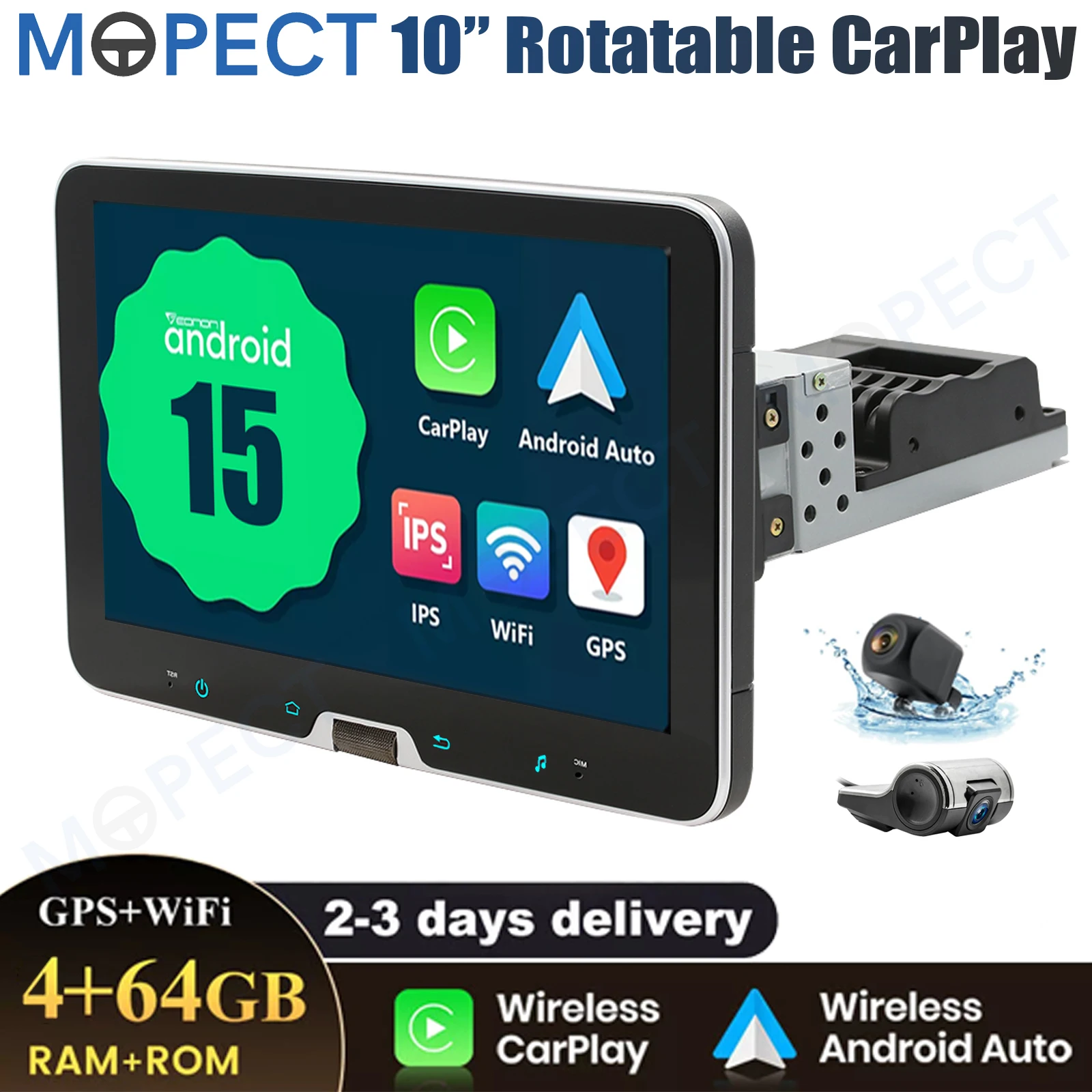 MOPECT 10 Zoll 1DIN 360 °   Drehbares Autoradio 4+64GB Touchscreen Android 15 Carplay GPS-Navigation Haupteinheit FM Bluetooth+DVR&AHD