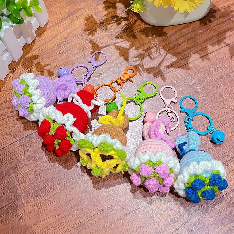 Cute Crochet Bouquet Keychain Mini Hand-Knitted Flower Car Bag Hanging Pendant Ornament for Lovers Valentine's Day Gift