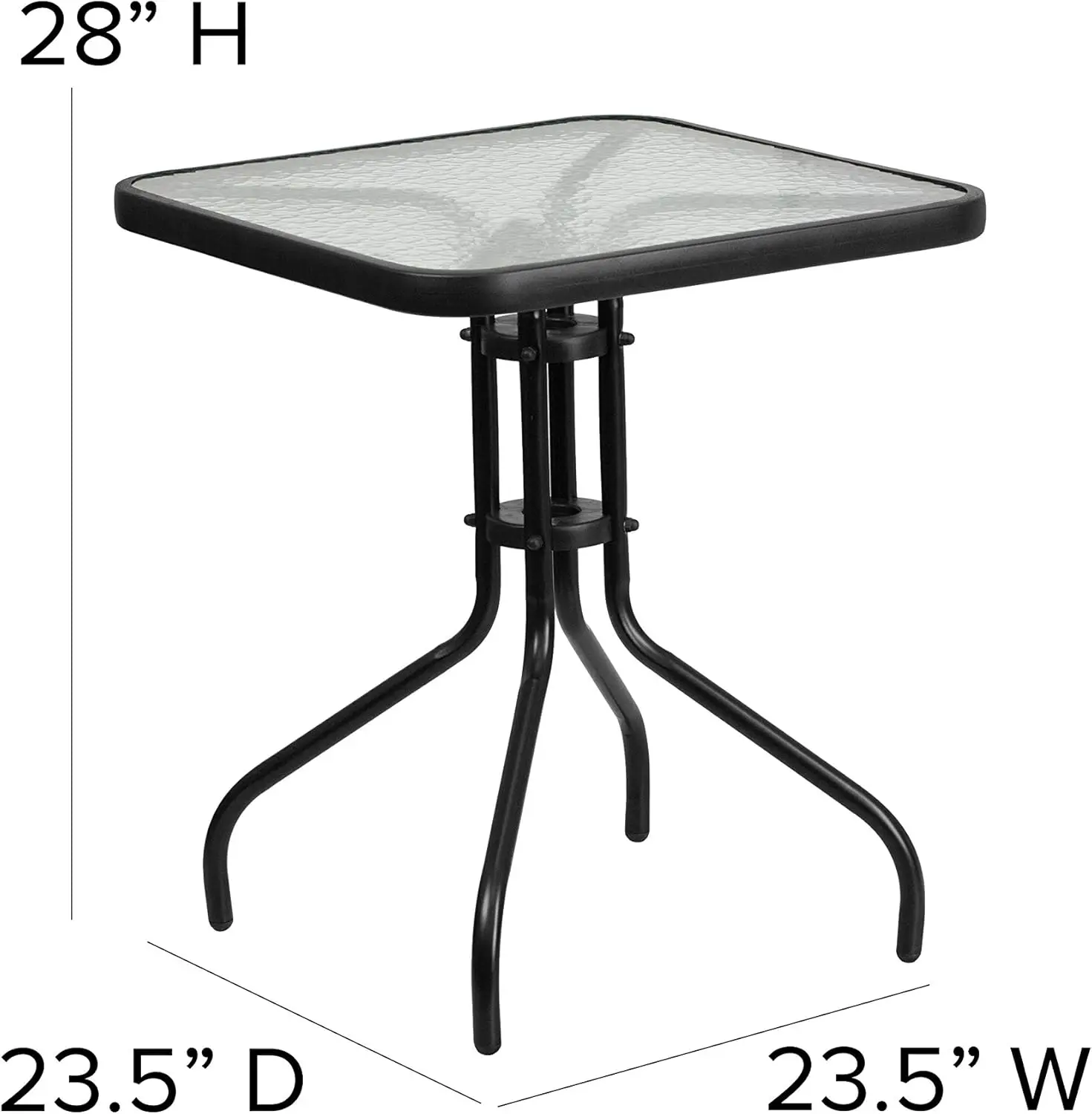 Lila 23.5'' Square Glass Metal Table With 2 Black Metal Aluminum Slat Stack Chairs