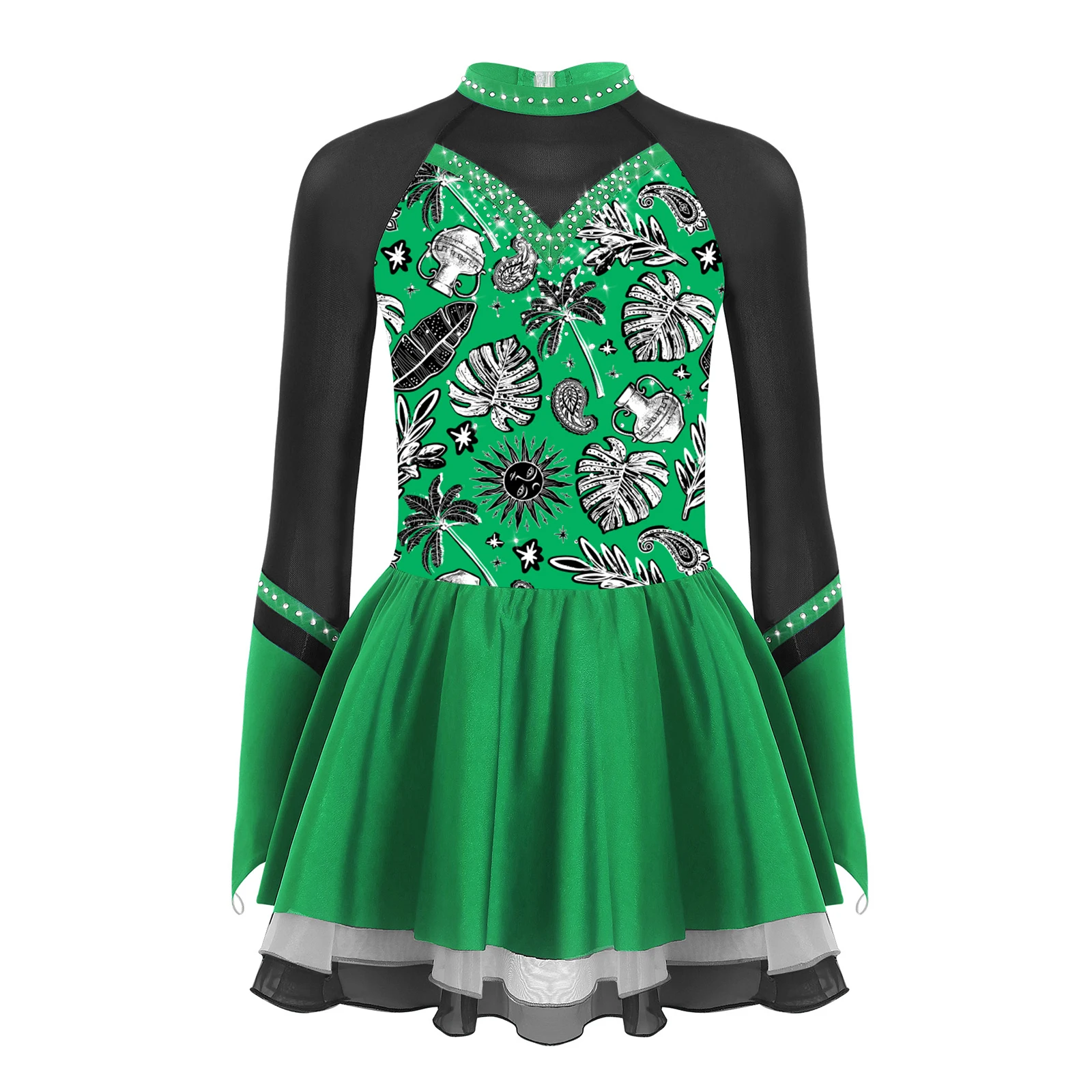 Kids Girls Figure Skating Dance Dress Ballet Rhythmic Gymnastics Performance Dancewear Rhinestones Sheer Mesh Print Tutu Leotard