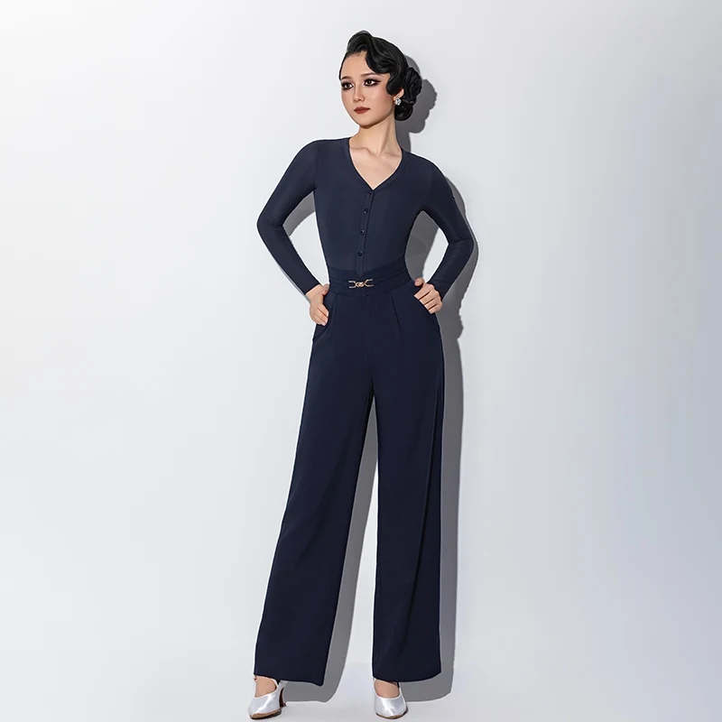 V-neck Long Sleeve Top High Waist Pants Suit Waltz Costumes Modern Dance Clothing Ballroom Dress Practice Training Wear DN21832