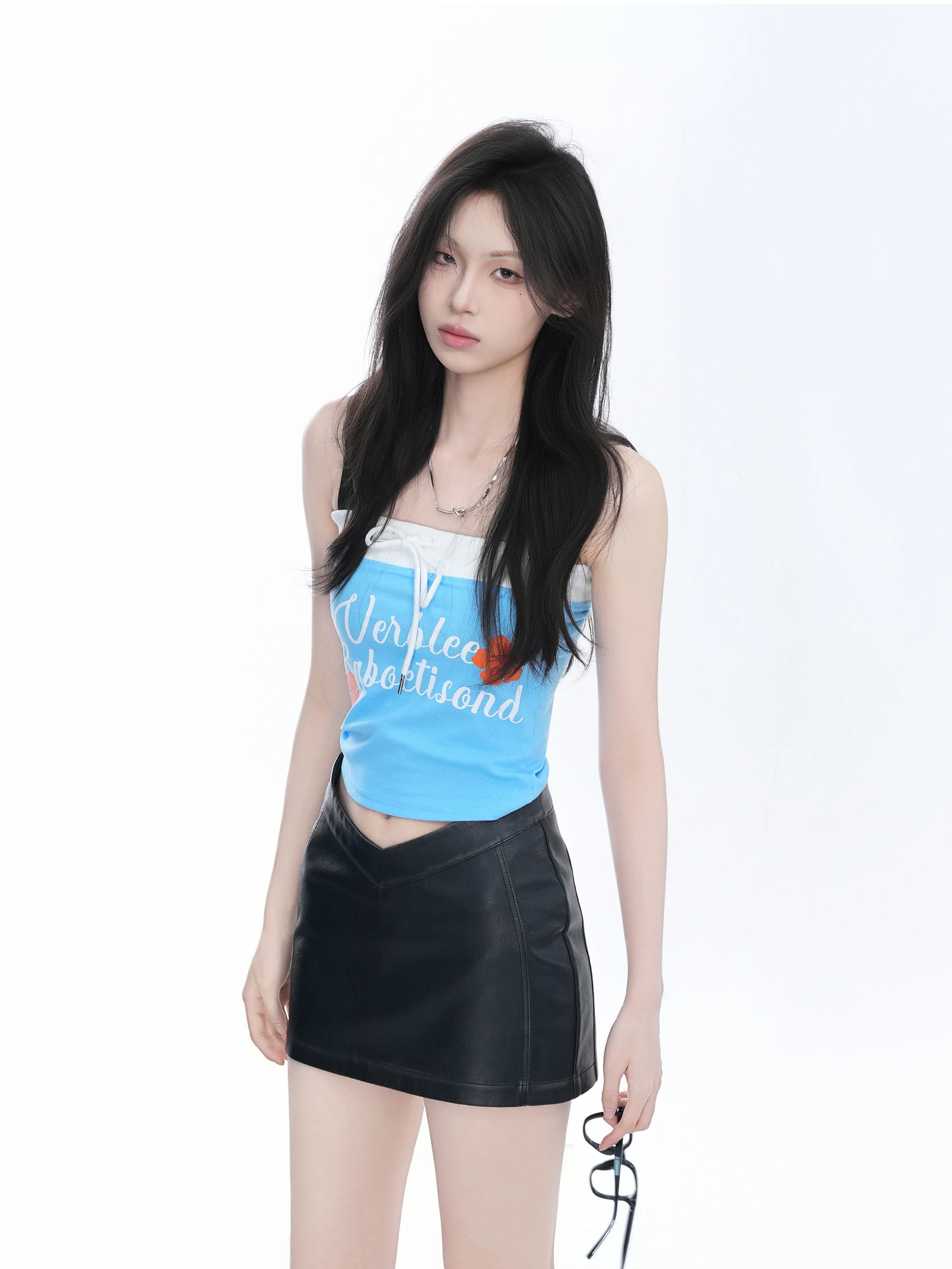 Retro American Sexy Strapless Vest Women Summer Light Blue Hot Girl Short Slim Fit Top Cotton Polyester Blend Comfortable