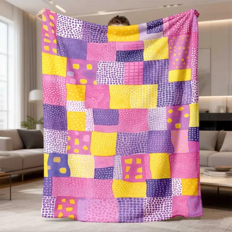 Colorful Patchwork Grid Throw Blanket Purple Pink Yellow Dot Check Print Soft Warm Couch Bed Artistic Blanket Boho Room Decor