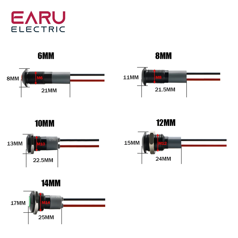 Flat Head Black Body Waterproof IP67 Metal LED Warning Indicator Light Signal Lamp Pilot Wire 3-6V 12-24V 220V Red Blue Green