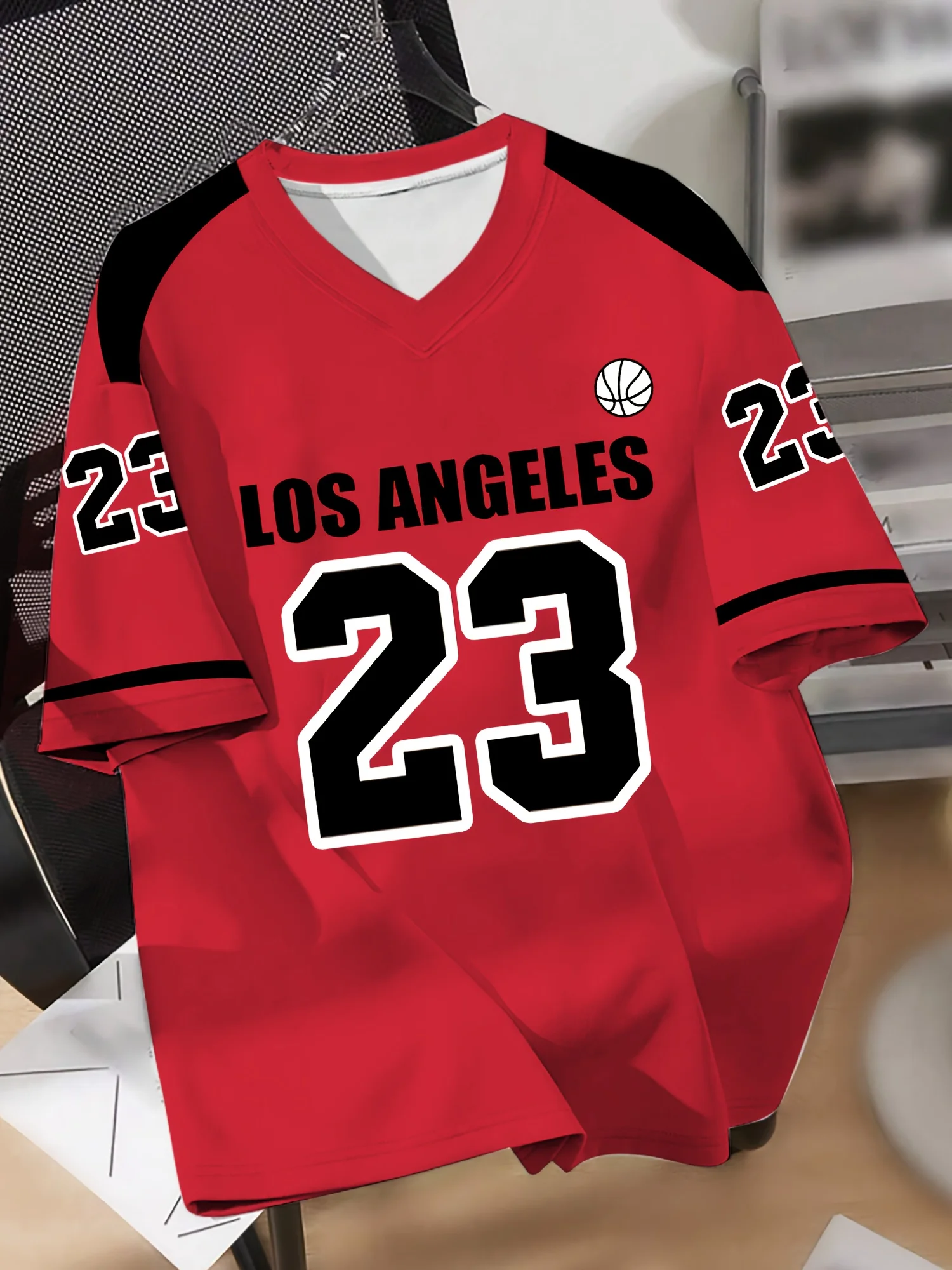 تي شيرت لوس أنجلوس 23 لكرة السلة للرجال برقبة على شكل حرف V وأكمام قصيرة كاجوال ورياضي بطباعة رقمية #2