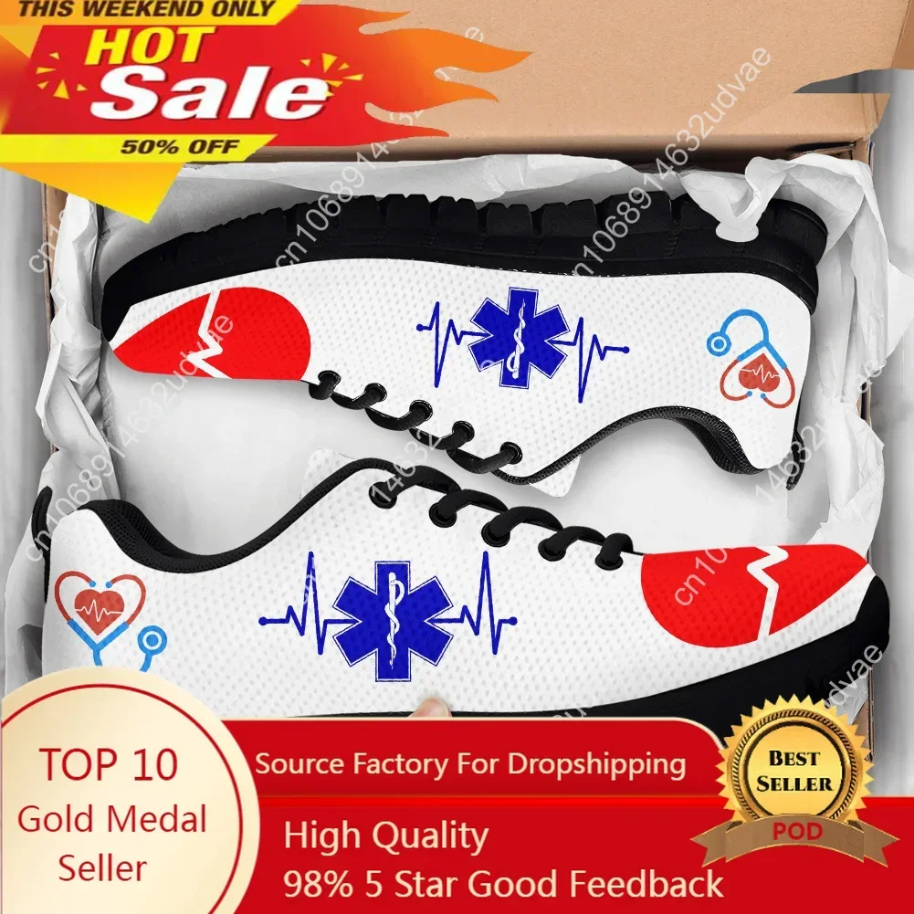 

Brand Designer Medical ECG Flat Shoes For Hospital Worker Heart Beat Blue EMT Print Lace Up Sneaker Mujer Zapatos