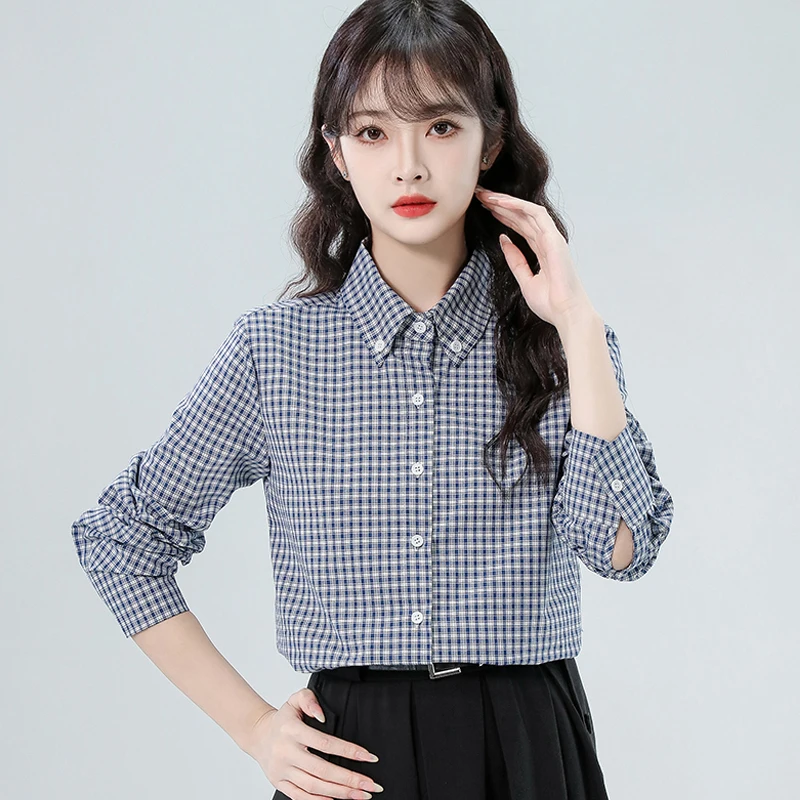 เสื้อเชิ้ตผู้หญิงแฟชั่นหรูหรา ปี 2025 ฤดูใบไม้ร่วง สไตล์เรโทร แขนยาว ลายสก็อต กระดุมแถวเดียว เสื้อทำงานสำหรับสุภาพสตรี