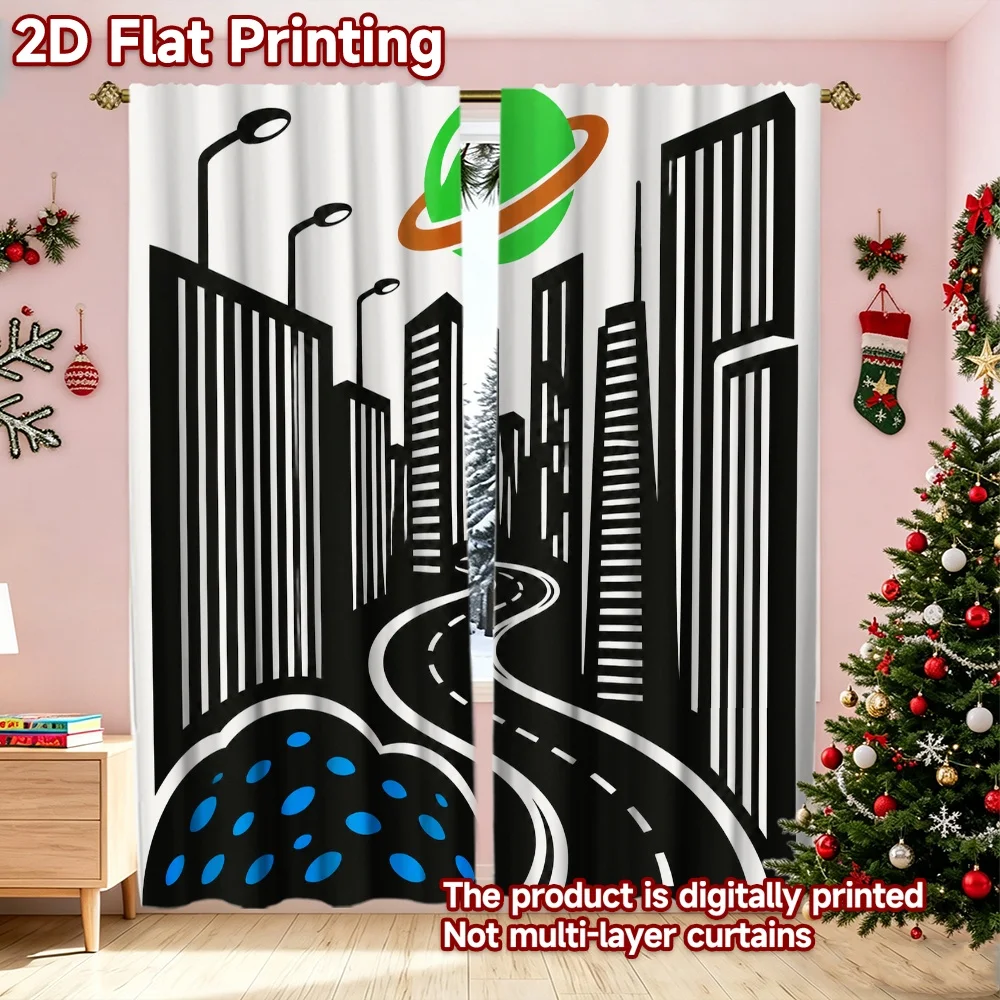 2D flat printing 2pcs Hot Christmas Party Curtains Futuristic City Planet Durable polyester fiber Festive Wall Decor for Bedroom