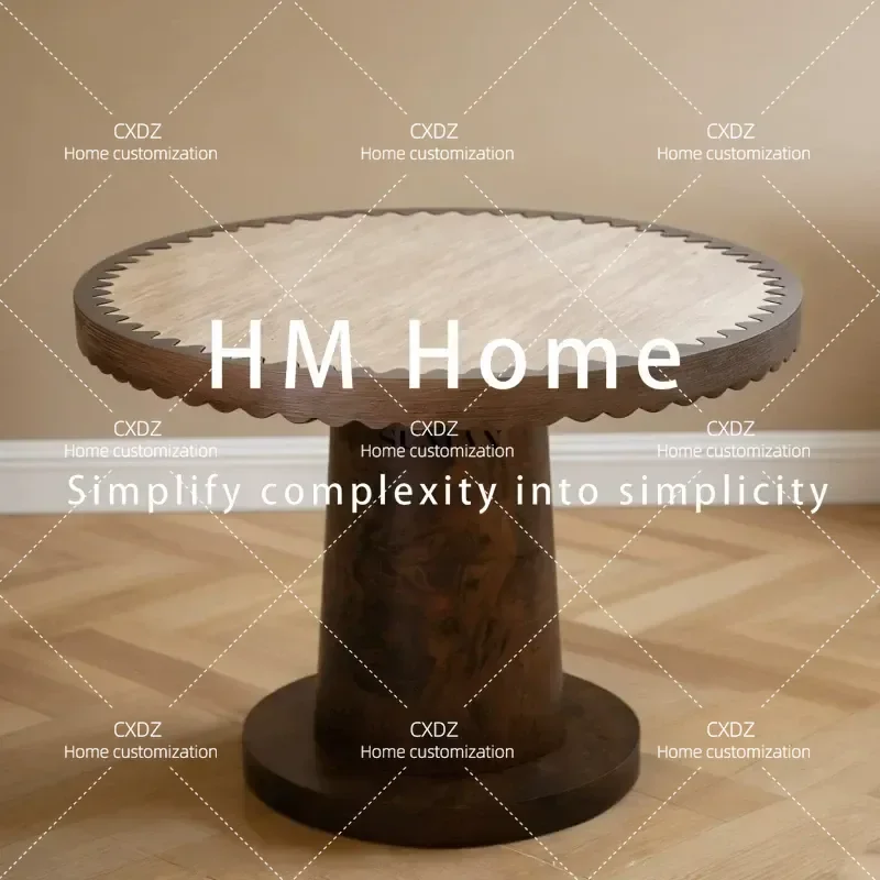 Retro Medieval Style Light Luxury Solid Wood Round Dining Table with Sawtooth Edge for Small Apartment Home Advanced Sense