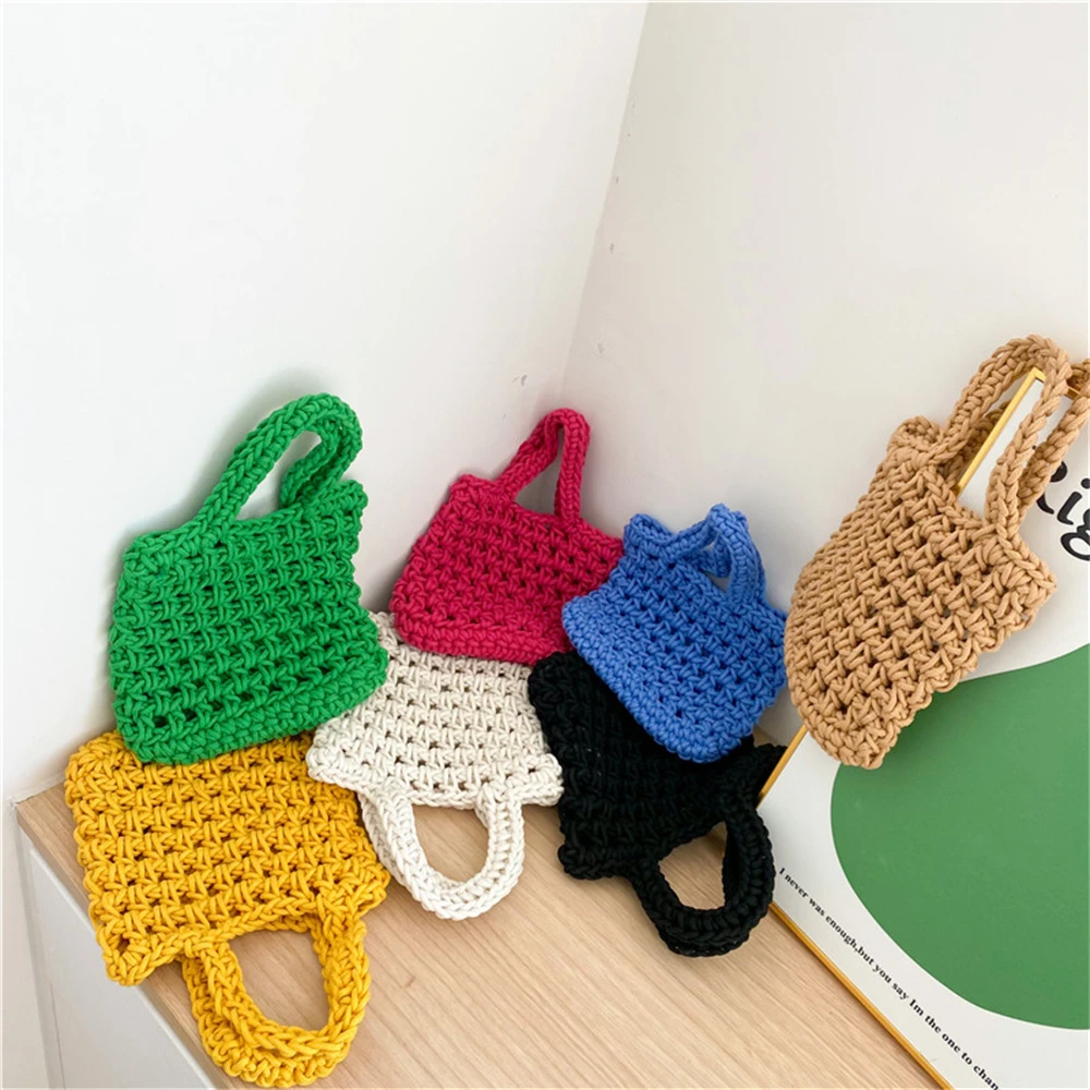 Straw Plaited Knitted Handbag Children\'s Vibrant Colors Hollow Out Shopping Tote Bag Fashion Crochet Wrist Bag Female Purses