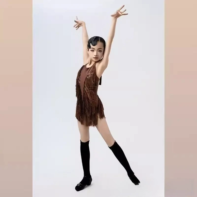 

UK Latin Dance Dress Women's Haltered Sequin & Fringe Top Coffee Brown Stretch Fabric for Practice & Performance