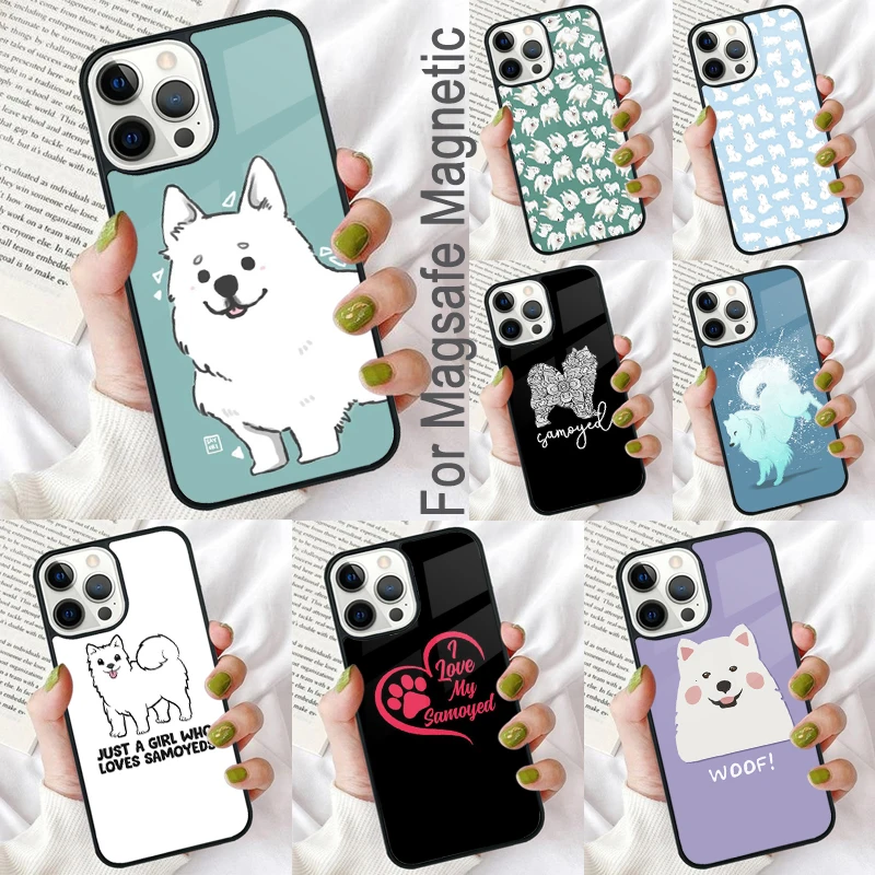 Cartoon Samoyed Dog Magnetic Soft Phone Case for iPhone 16 Promax 15 Pro 13 14 Plus 11 12 Mini MagSafe Coque