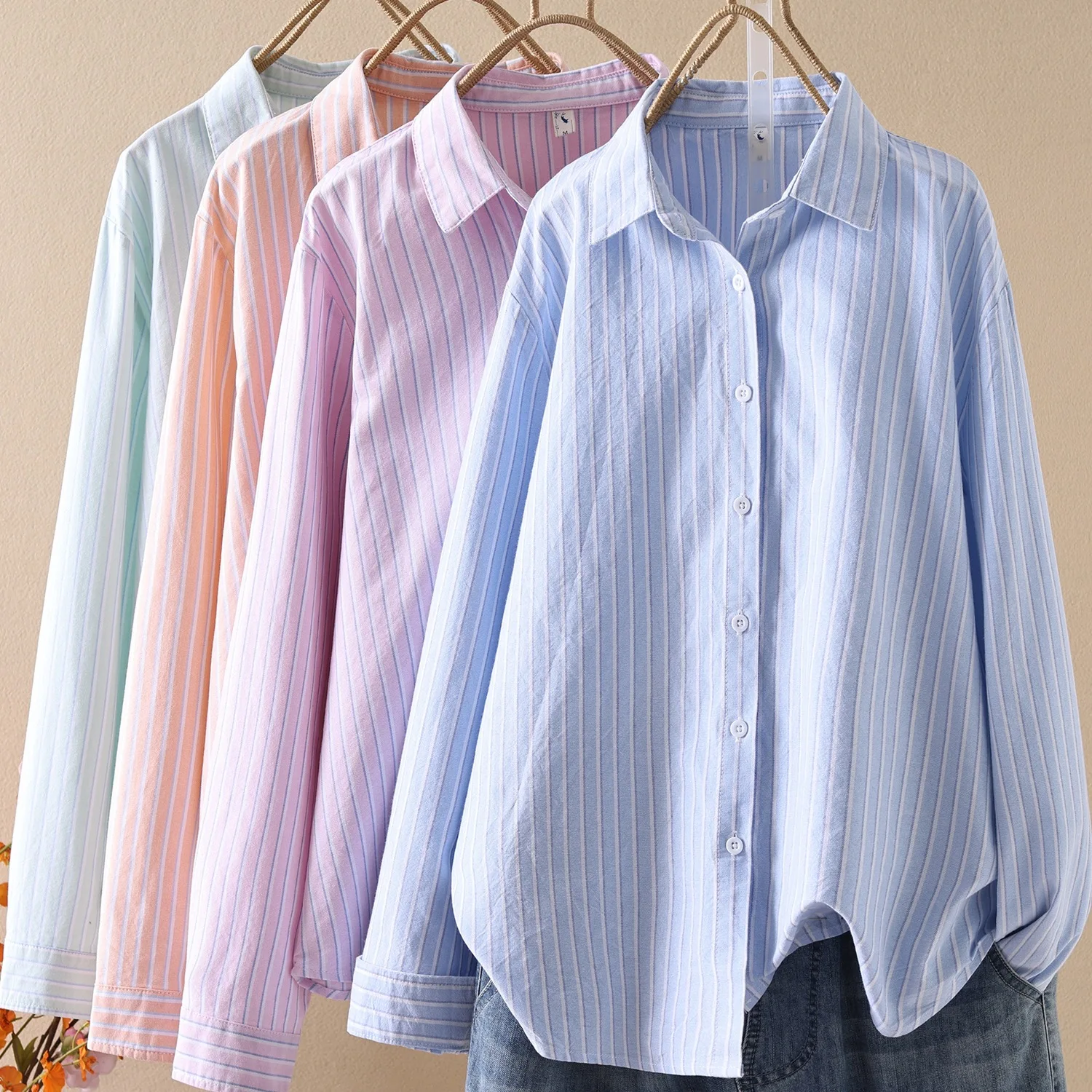 

Высококачественная женская блузка из 100% хлопка, рубашки, оксфордская рубашка в полоску, женская свободная повседневная рубашка с длинным рукавом, универсальный хлопковый топ