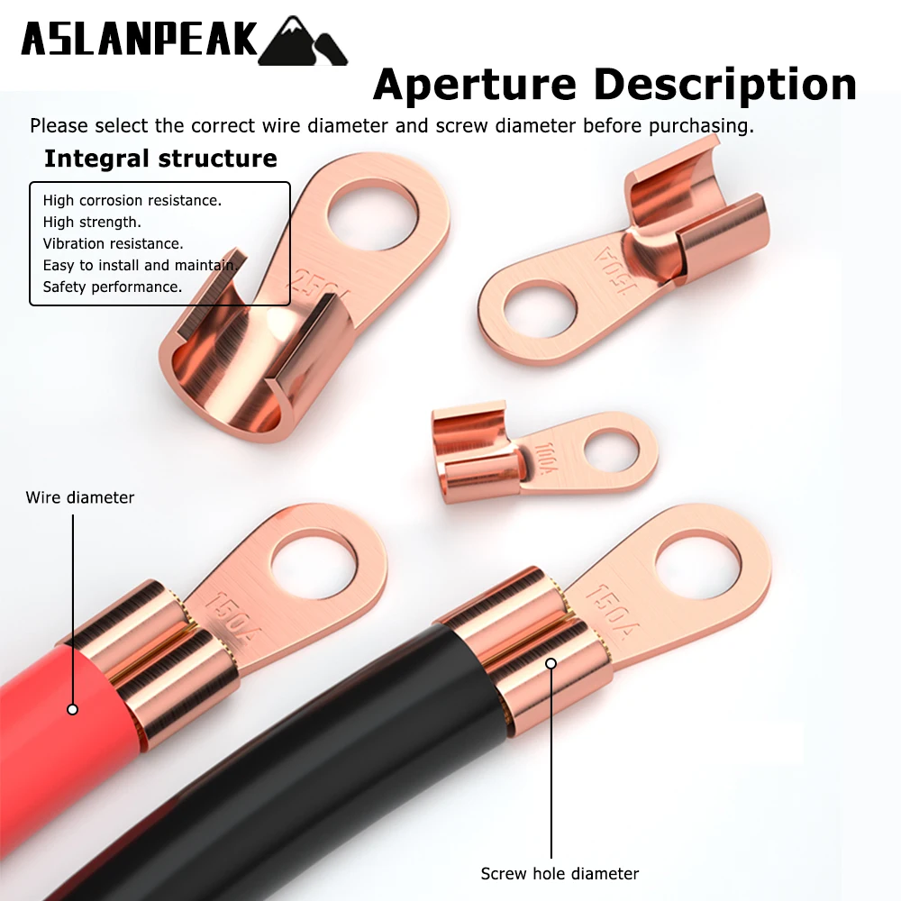 OT Crimp Terminal Lug Bare Copper Connectors Wire Cable Electric connect Terminal Open Ring Lug 5A~500A Pure Copper Termina/Lug