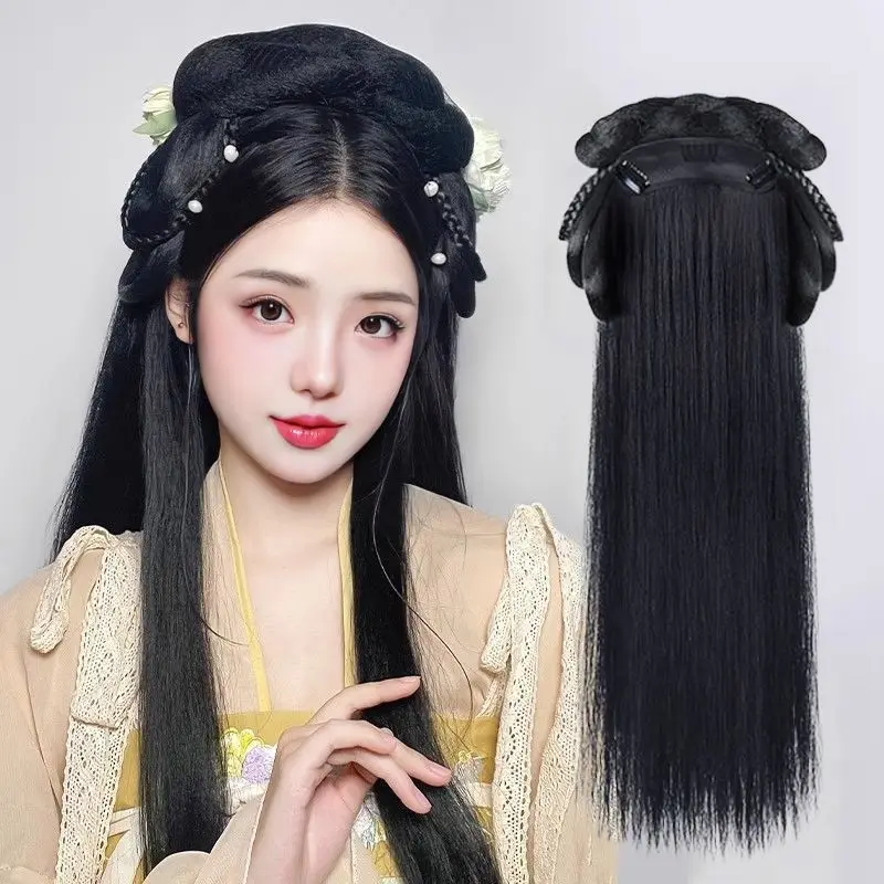 Hanfu Hair Accessory All-in-One Wig Bun Hairband | Pre-Styled Lazy Updo Set | Heat Resistant Fiber for Women Cosplay Costume