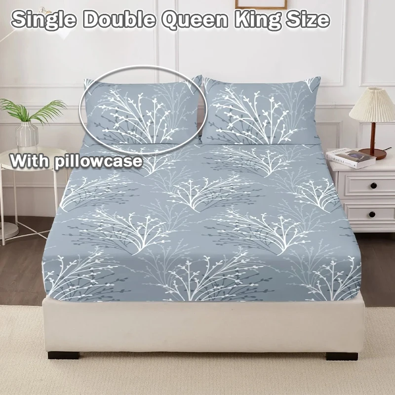 Printed Fitted Sheet Set with 2 Pillowcases All Around Elastic Deep Pocket Mattress Cover Soft Floral Butterfly Pattern Bedding