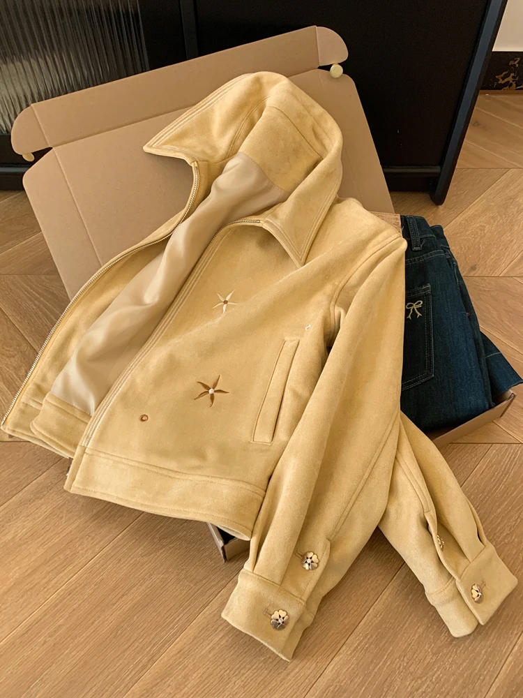 

Retro Lapel Suede Women's Coat Fashion Street Wear Solid Color Zipper Tops All Match Long Sleeve Commuting Jacket