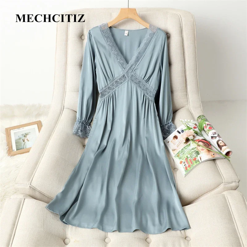 

Spring Silk Nightgowns Women Sleep Dress Loose Casual Homewear Long Sleeve V-neck Satin Pyjamas Nightdress Sexy Sleepwear