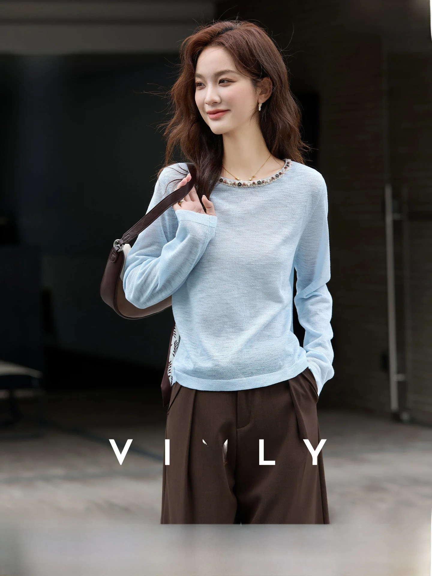 

Элегантная синяя вязаная футболка с длинным рукавом и круглым вырезом, женская модная базовая модель, новинка весеннего сезона, повседневный комфортный топ