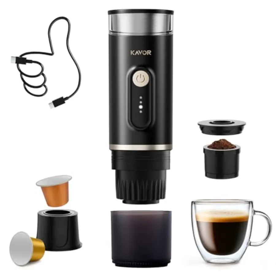 Portable Espresso Machine, 2-in-1 Travel Coffee Maker for outdoor camping and office use, stainless steel body, black finish, c