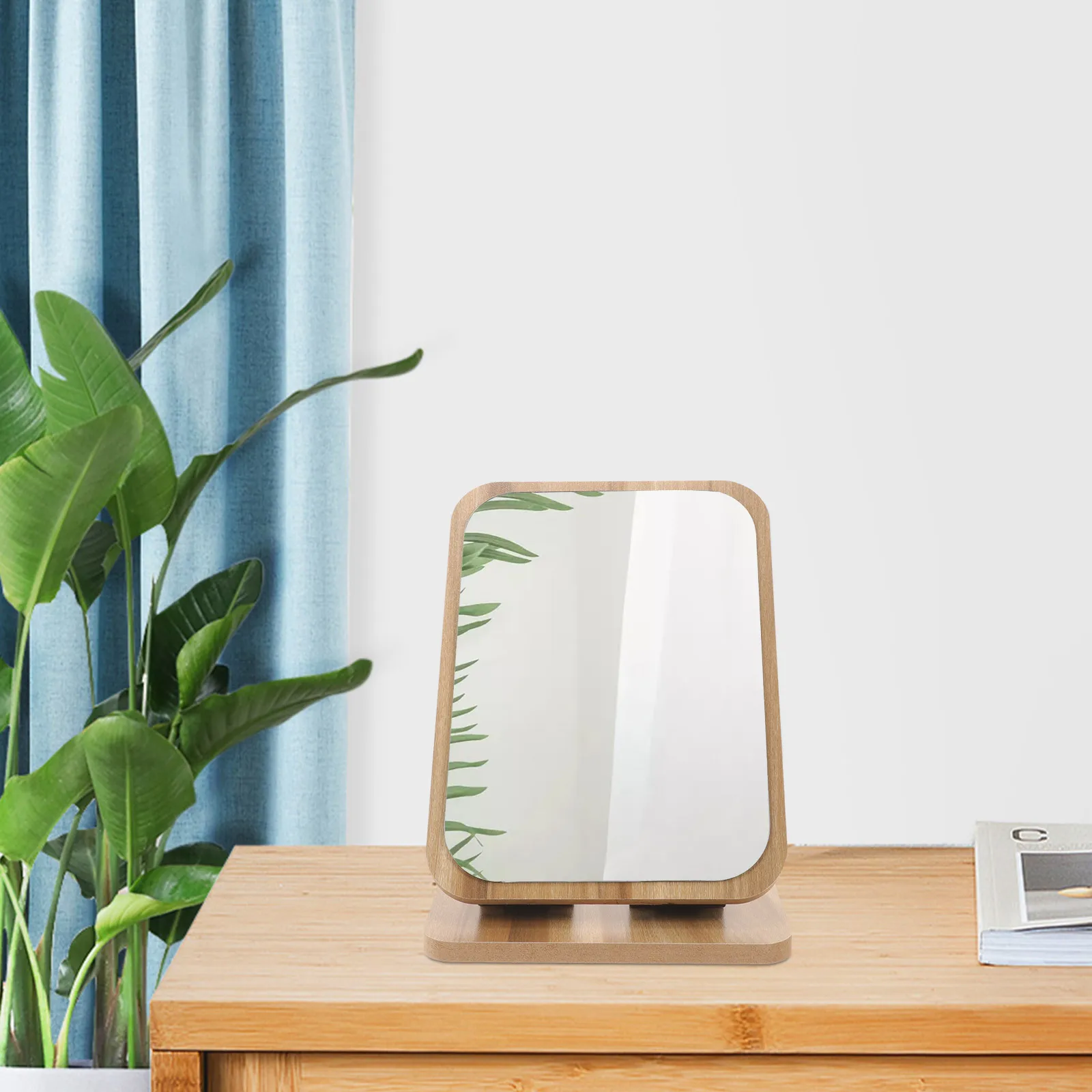 

Stylish Wooden Base Swivel Makeup Vanity Desktop Countertop Bathroom Bedroom Decorative Mirror Durable Space Saving Women'S