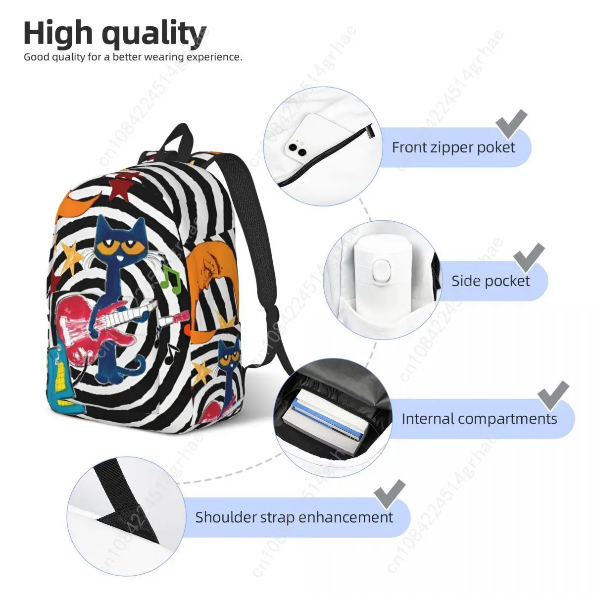 Pete The Cat I Love My White Shoes Cool Backpack High School Hiking Travel Cartoon Cats Daypack for Men Women Laptop Canvas Bags