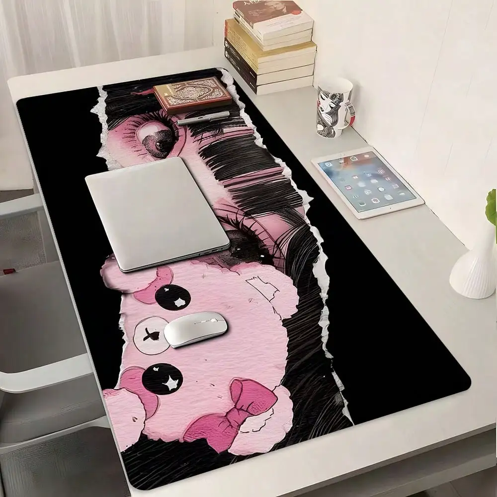 1pc Torn Paper Style Anime Girl & Pink Bear Theme Oversized Extended Gaming Mouse Pad, Non-Slip Rubber Base, Stitched Edge Washable Desk Mat, Suitable For