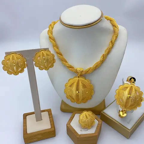Luxury Ethiopian 24k Gold Color Twisted Necklace And Earrings Jewelry Sets For Women Dubai Indian Bridal Set Wedding