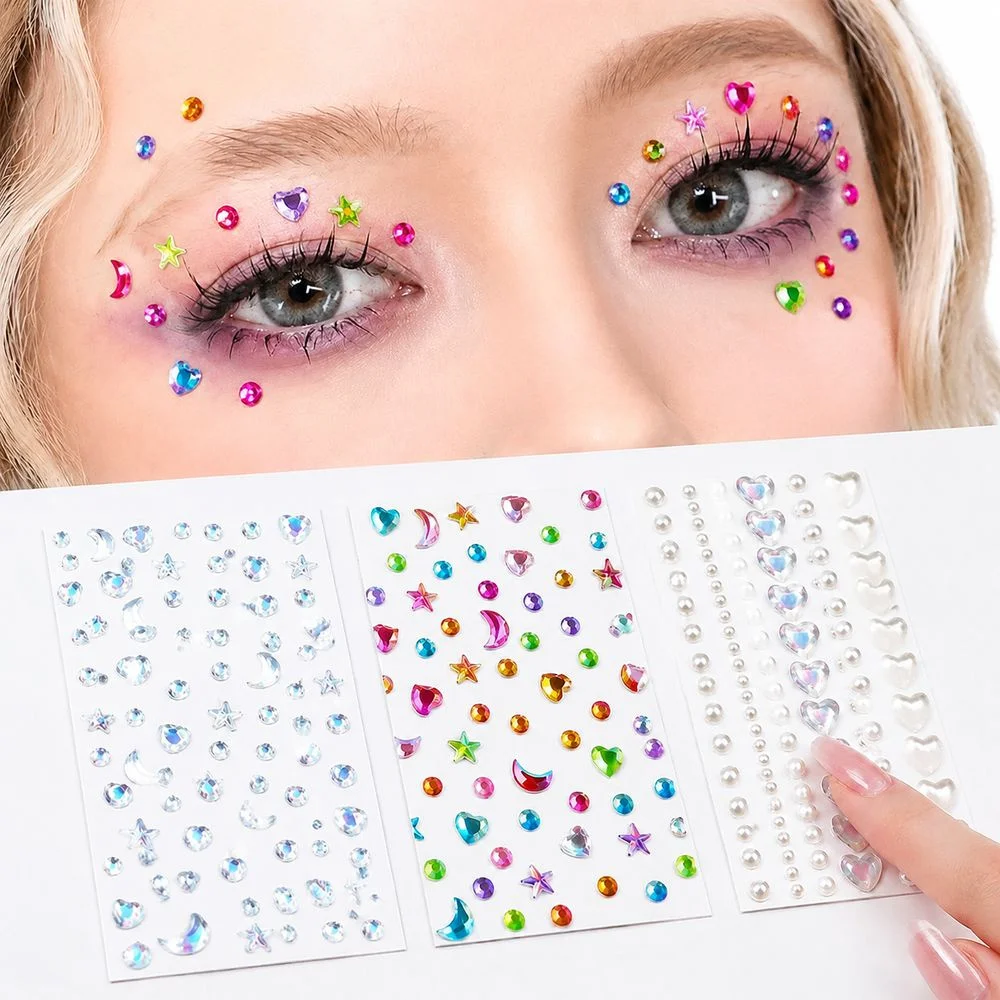 3Pcs/Set Mixed Moon Star Heart Face Jewels Self‑Adhesive Crystal Rhinestone Stickers For Rave Cosplay Festival Body Eye Decals
