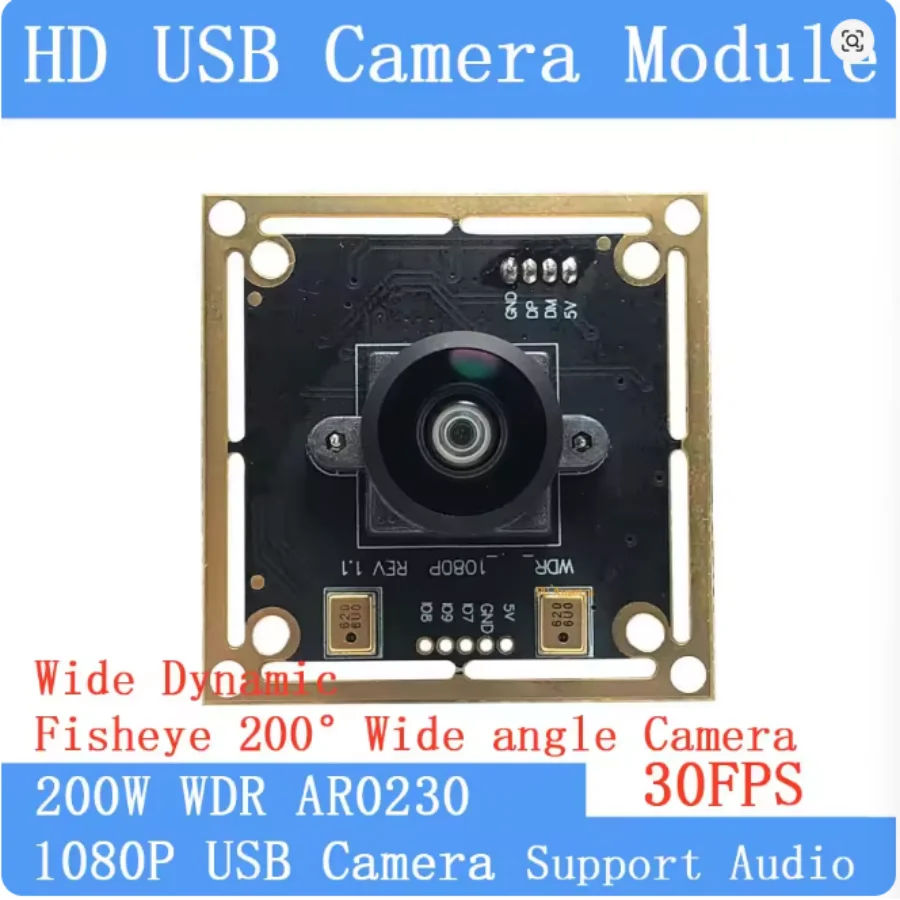 HD 2MP Fsheye Panorama 200° Wide-Angle OTG UVC 1080P Webcam Backlight Shooting Wide Dynamic USB Camera Module Linux Audio
