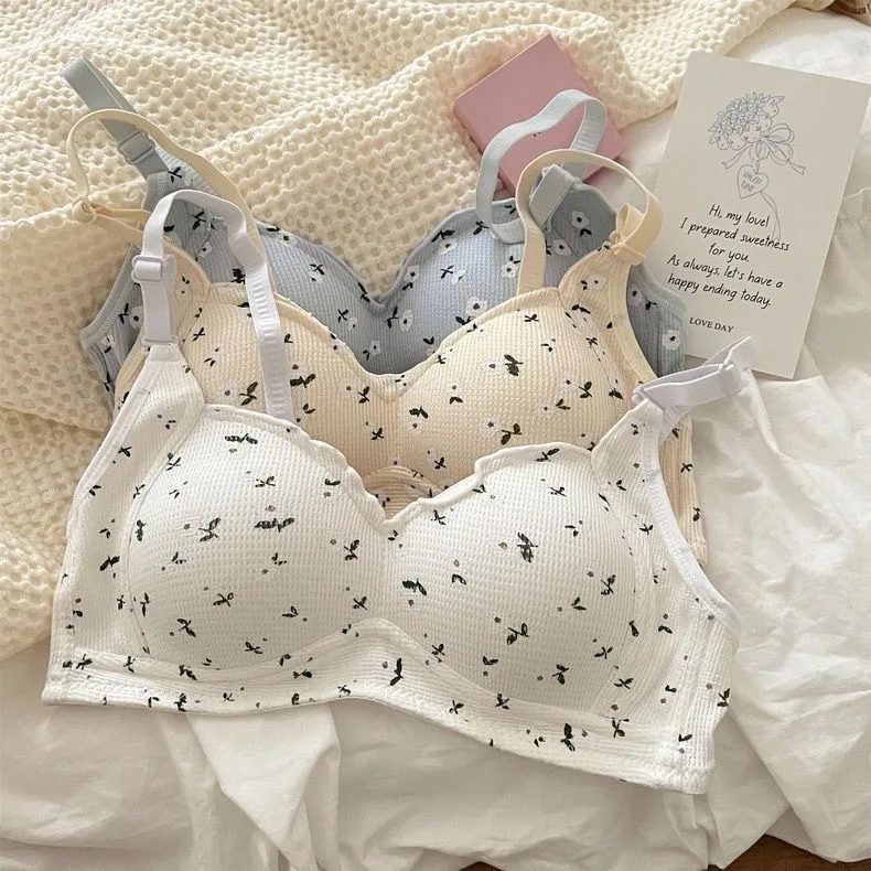Lingerie comoda da donna con stampa floreale dolce, senza bordi in acciaio, seno piccolo, raccolta, reggiseno sottile anti-cedimento per ragazze