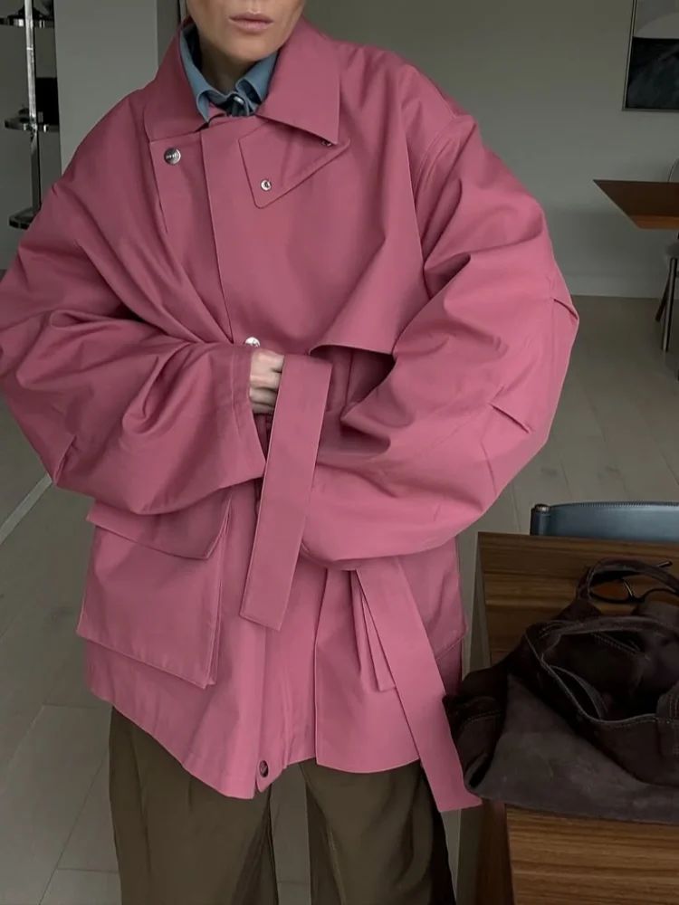 

Fashion Pink Lapel Windbreaker Women Lace Up Single Breasted Buckle Pocket Loose Short Coat Lady 2025 Commute Street Outerwear