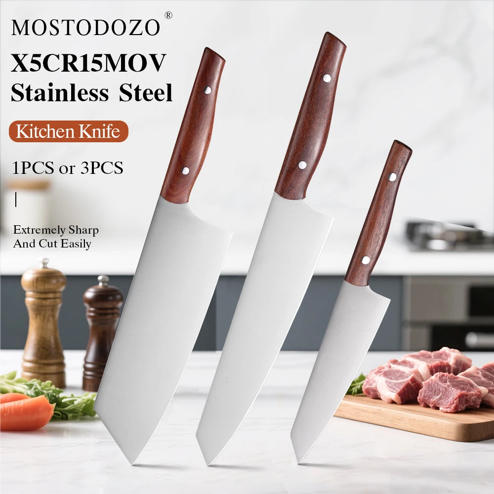 

MOSTODOZO 3PCS Professional Kitchen Knives Set Utility Kiritsuke Cleaver X50Cr15MoV Stainless Steel Japanese Chef Cooking Knife