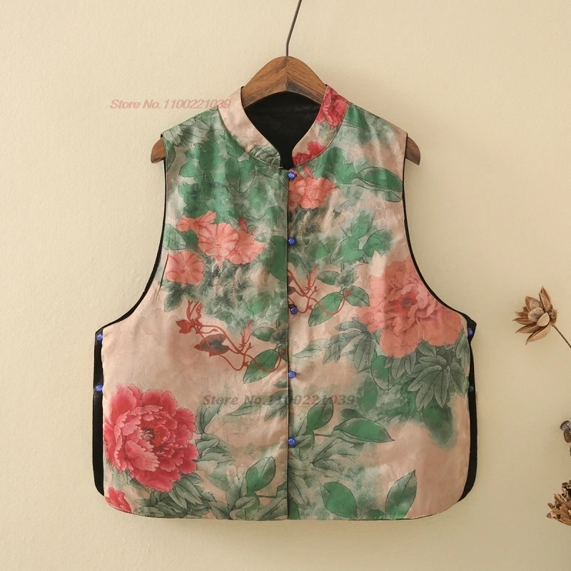 

2024 national flower print folk vest double-sided wear stand collar vest traditional ethnic hanfu tops retro sleeveless jacket