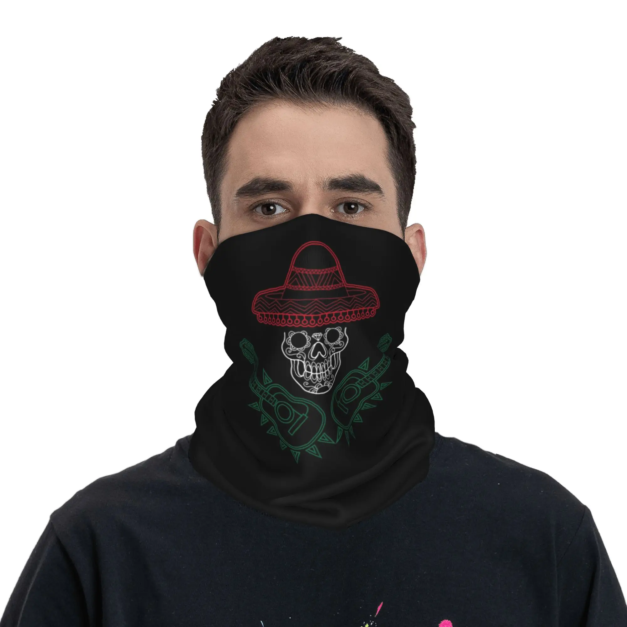Mexico Flag  Mexican Mariachi Skull Guitarist Bandana Neck Gaiter Printed Wrap Scarf Face Mask Running for Men Women Winter