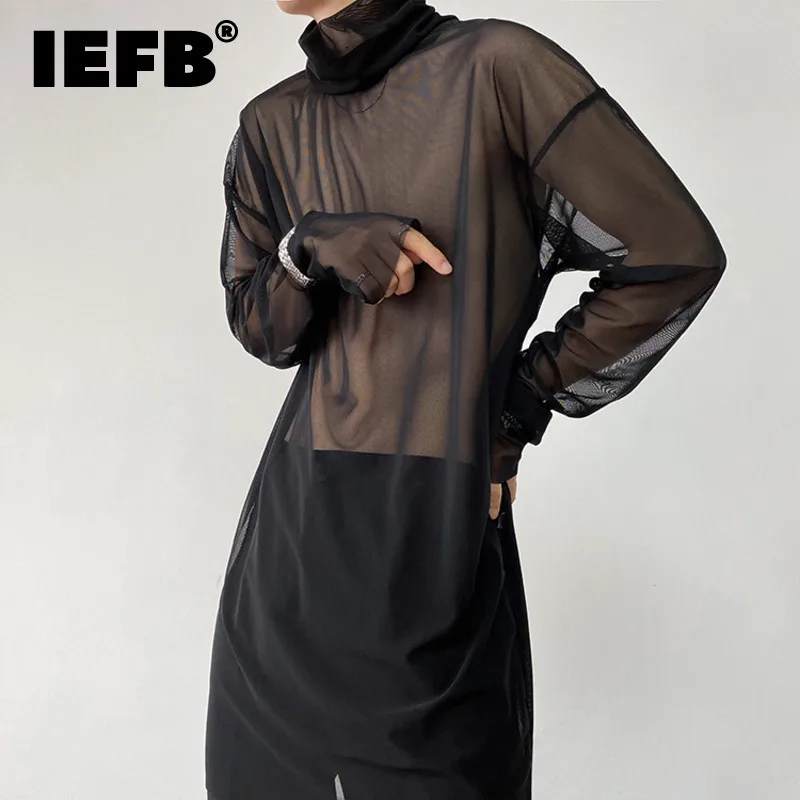 IEFB Men's Sexy Mesh Long Sleeve T-shirt Niche Design Autumn Thin Stand Collar Perspective Top Fashion Sunscreen Clothing 9Y8129