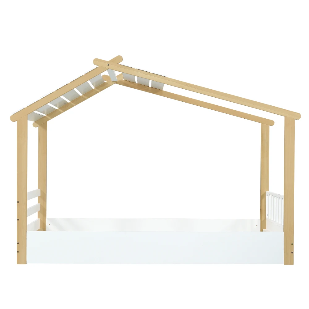 PINGGO Weißes Naturholz-Einzelbett 90x200cm Hausdesign Lattenrost Kiefer+Spanplatte+MDF Ohne Matratze – Detail 12