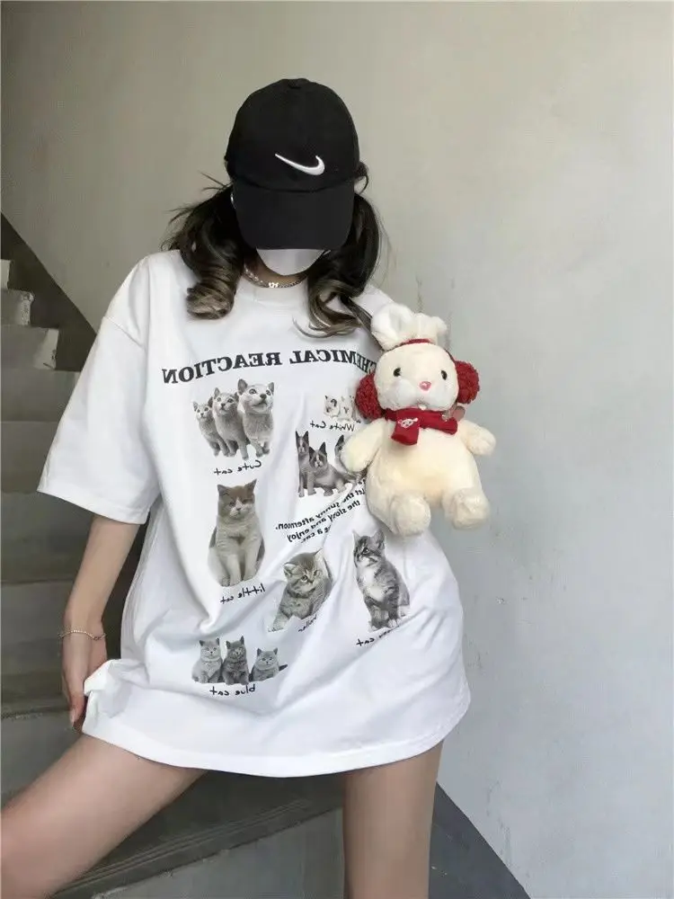 

100% cotton kitten print short-sleeved women's T-shirt for women American loose ins mid-length oversize top for women y2k emo