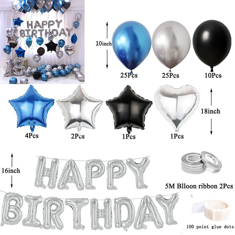 Silver Blue Happy Birthday Number Foil Balloons Man Boy Party Decorations Adult Kids 1 2 3 5 10 15 18 25 30 35 40 50 60 Year Old