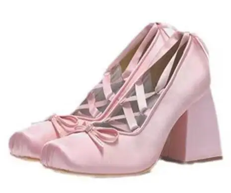 New Girls Light Blue Pink Beige Black Silk Cross Tied Bow Tie Front Square Toe Shallow Slip On Lace Up Lolita Pumps Ballet Shoes