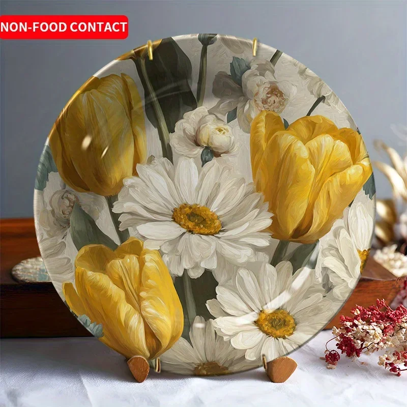 1 Elegant Floral Ceramic Decorative Plate - Hand-Painted Yellow Tulips and White Daisies, Non-Food Contact Hanging Dish or