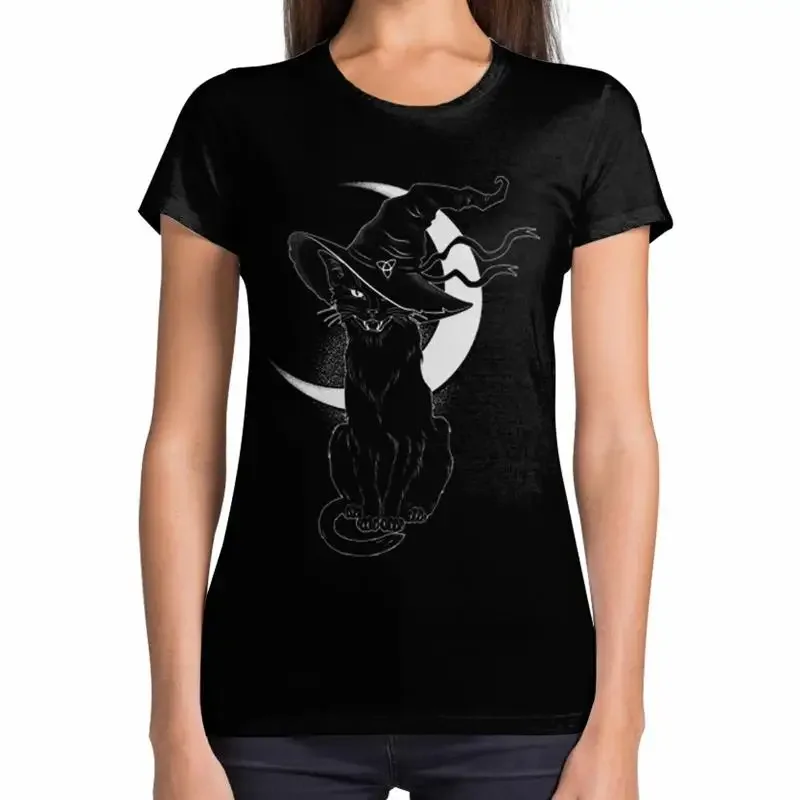 Black Witches Cat With Hat Halloween Women'S T Shirt