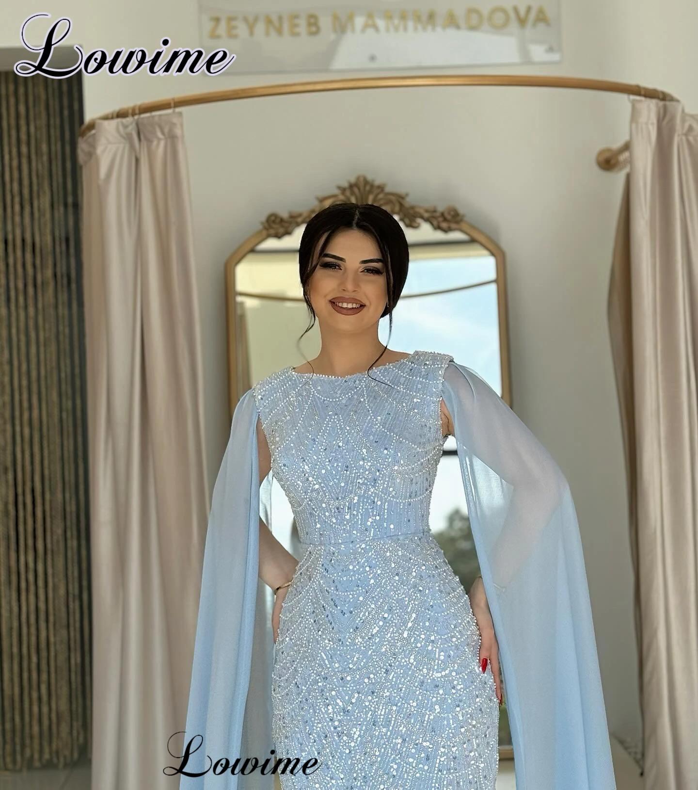 Light Blue Beaded Evening Dresses Mermaid Middle East Simple Wedding Party Dresses Elegant Vestidos De Fiesta Coutures Gowns