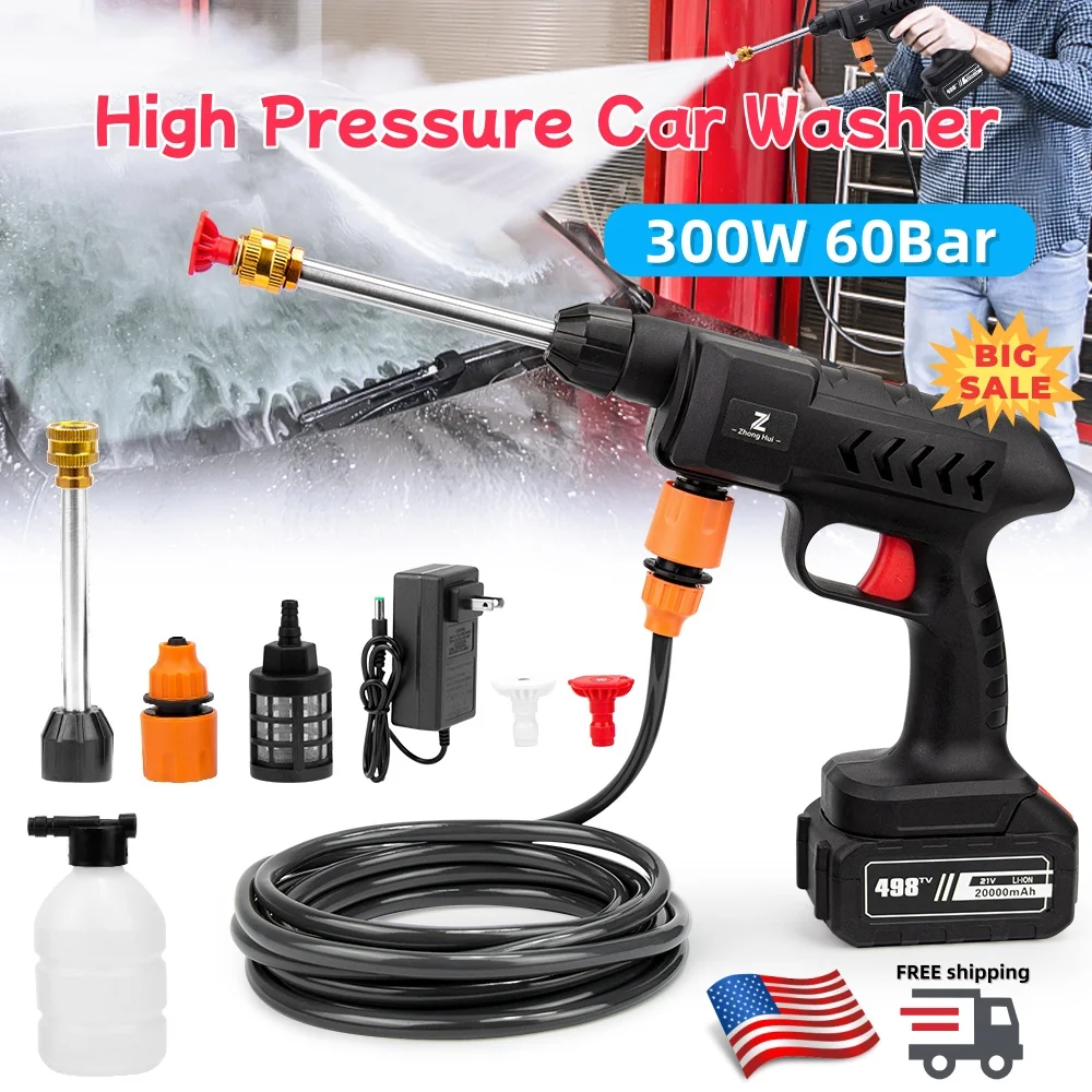 Mesin Cuci Mobil Tekanan Tinggi Nirkabel 20000mAh 60Bar dengan Pistol Air dan Baterai Li-ion, Self Priming, Mampu Mencuci Berulang