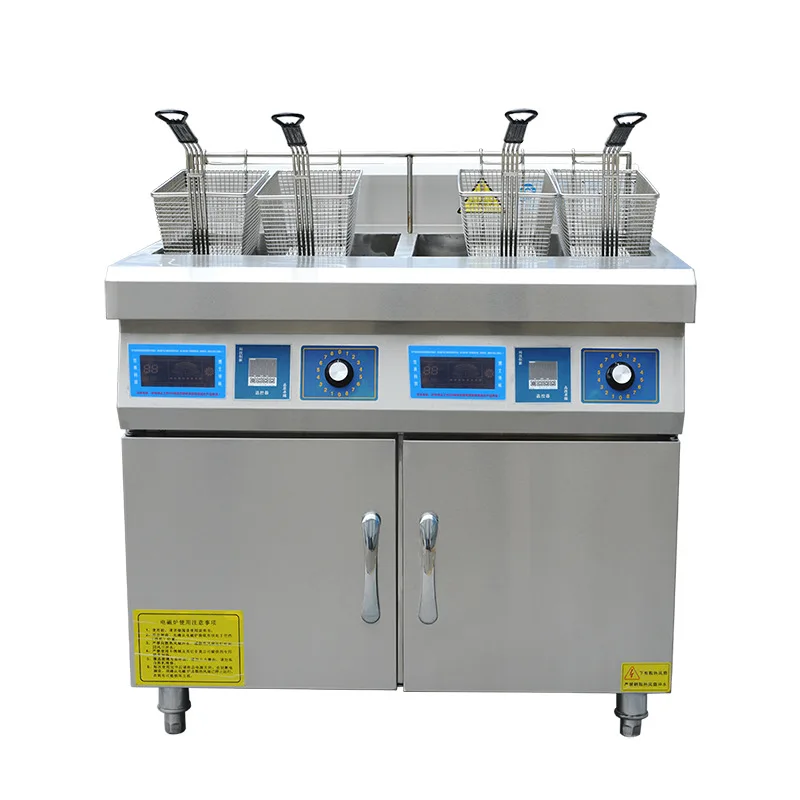 

Commercial Parallel Bar Fryer 40L Electromagnetic Temperature Control Cabinet Type Chicken Fries Crispy Pork Four Sieve Fryer