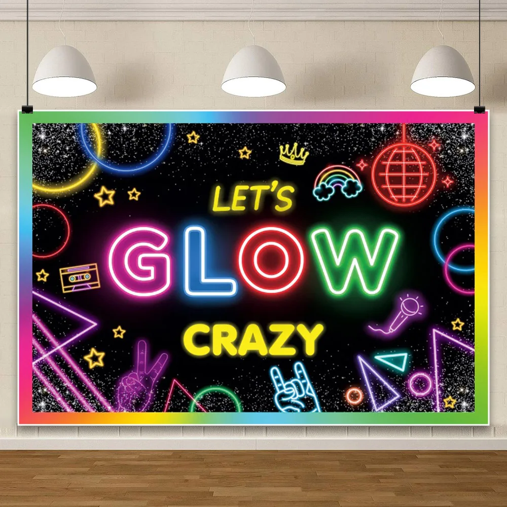 Laeacco Neon Let's Glow Crazy Backdrop Sleppover Graffiti Splash Paint Black Light Kids Birthday Portrait Photography Background