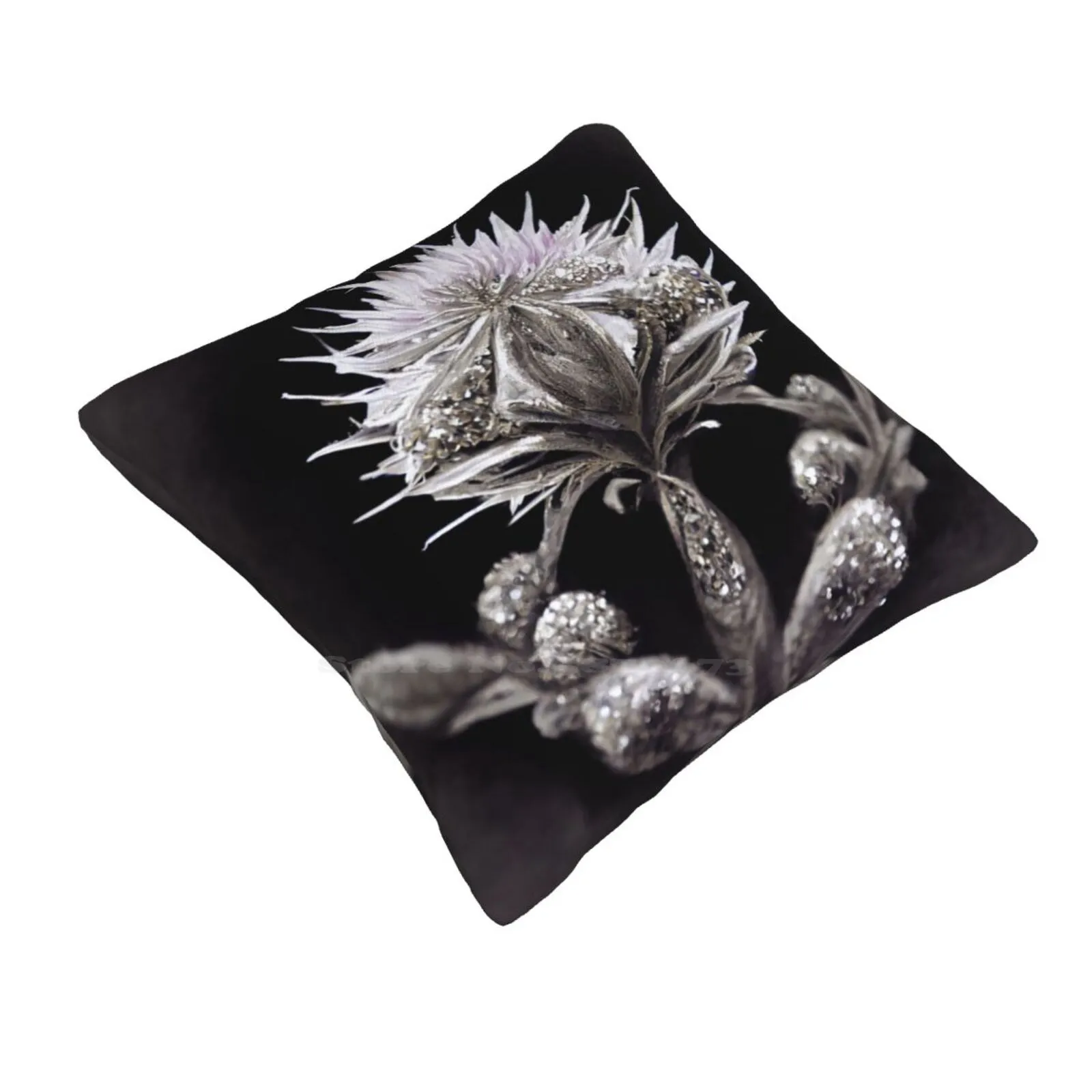 Thistle With Diamonds Funny Cute Decor Square Pillowcase White Thistle Flower Floral Jewels Bedazzled Diamond Fall Winter