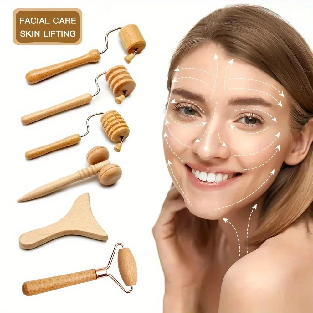 Face Massage Roller Wooden Facial Maderotherapy Lifting Wood Therapy Massage Kit Anti-Cellulite Facial Lifting Wrinkle Remover