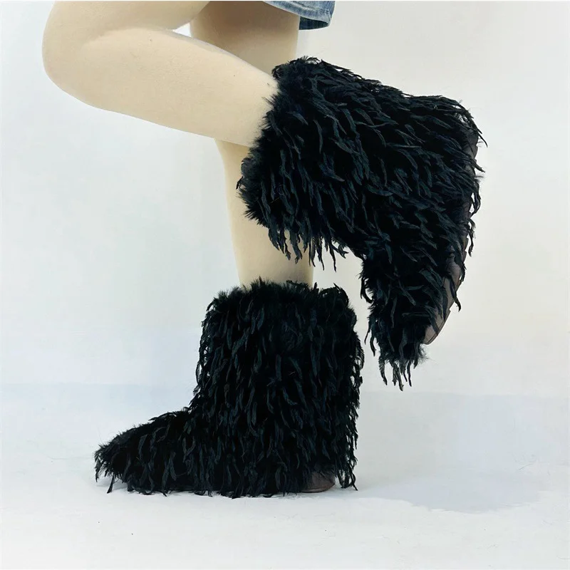 

2025 Зимние пушистые плюшевые женские ботинки Новые дизайнерские женские меховые теплые туфли из искусственного меха Модные ботинки с перьями Хутряные зимние ботильоны